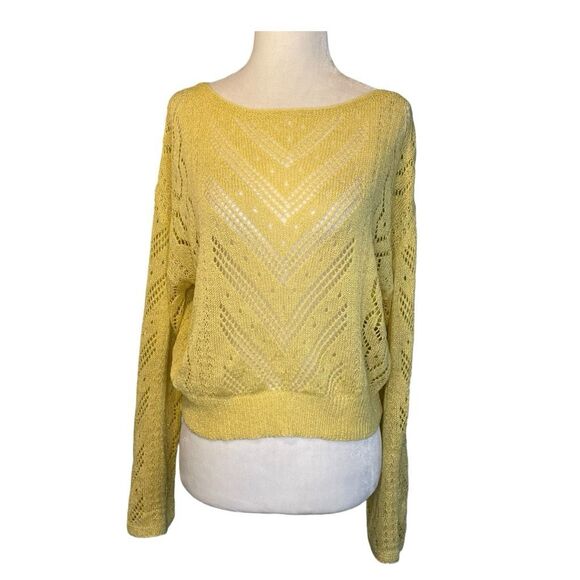 Line & Dot Crochet Sweater Yellow Lace Boat Neck Bell Long Sleeves Open Knit S - Picture 1 of 8
